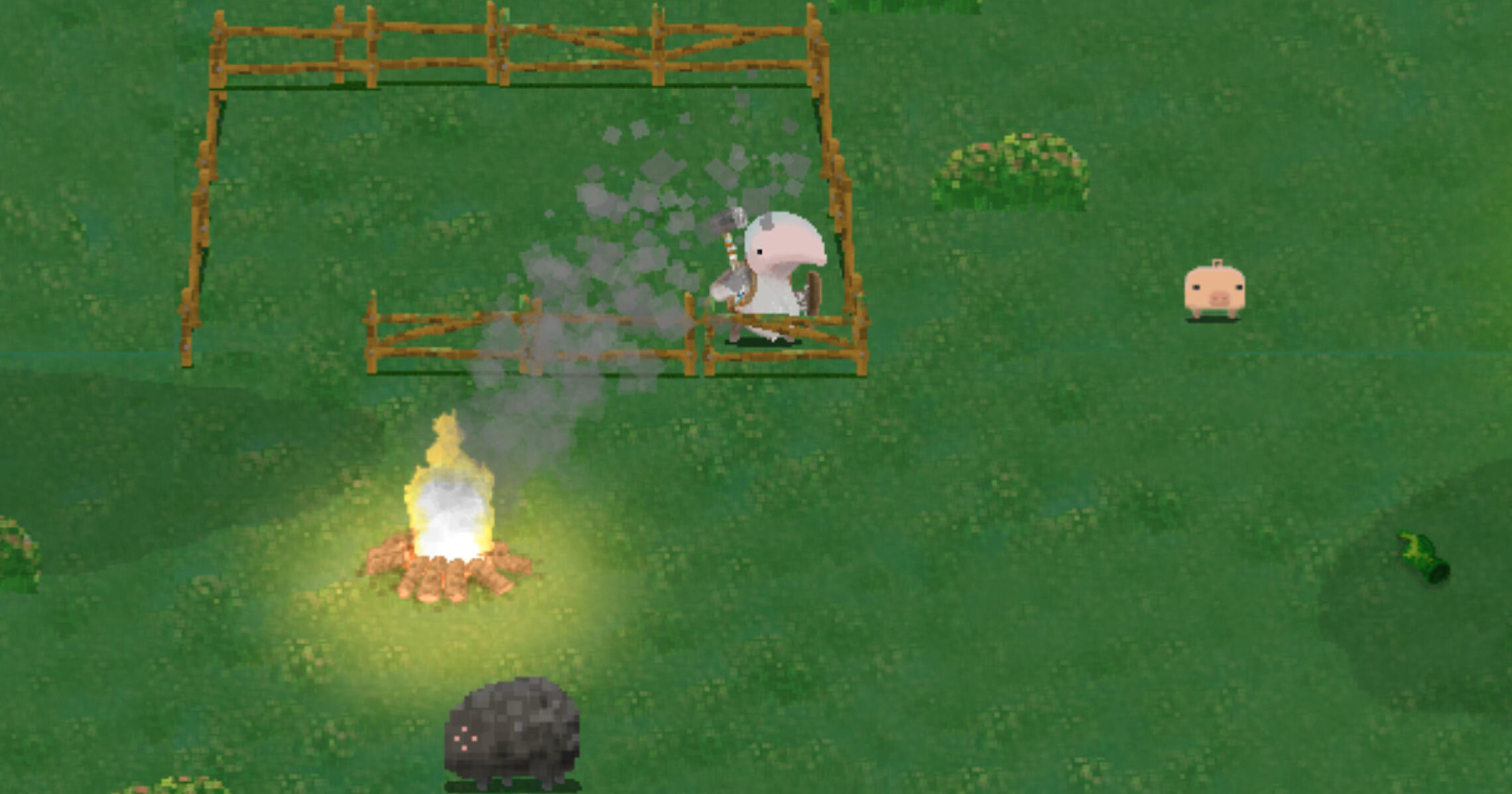 Vildjur gameplay showing an adventurer, a campfire, a fenced enclosure, a pig and a wild creature in a green wilderness.